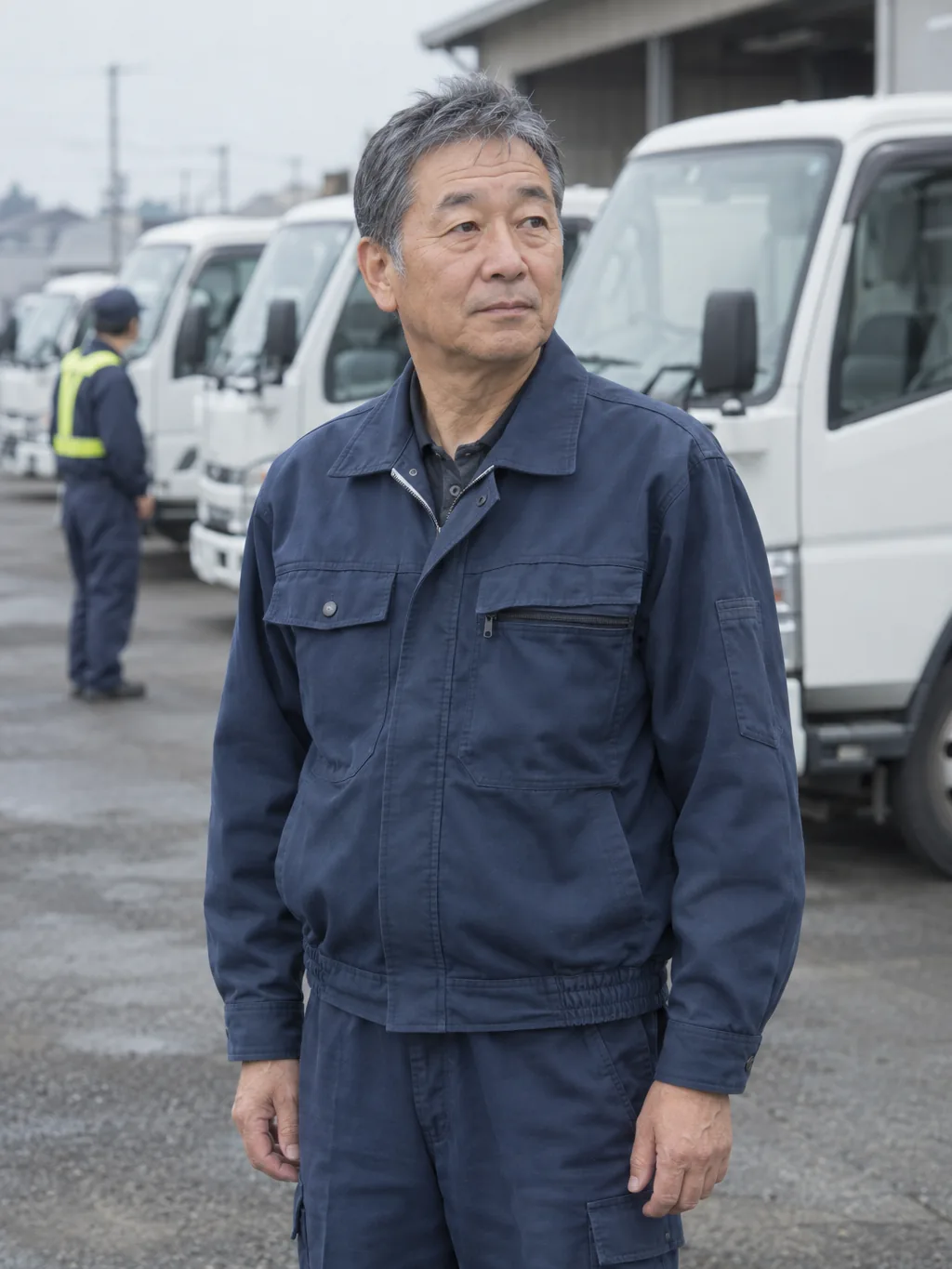 車庫に立つ代表取締役。後ろに白いトラックが並ぶ