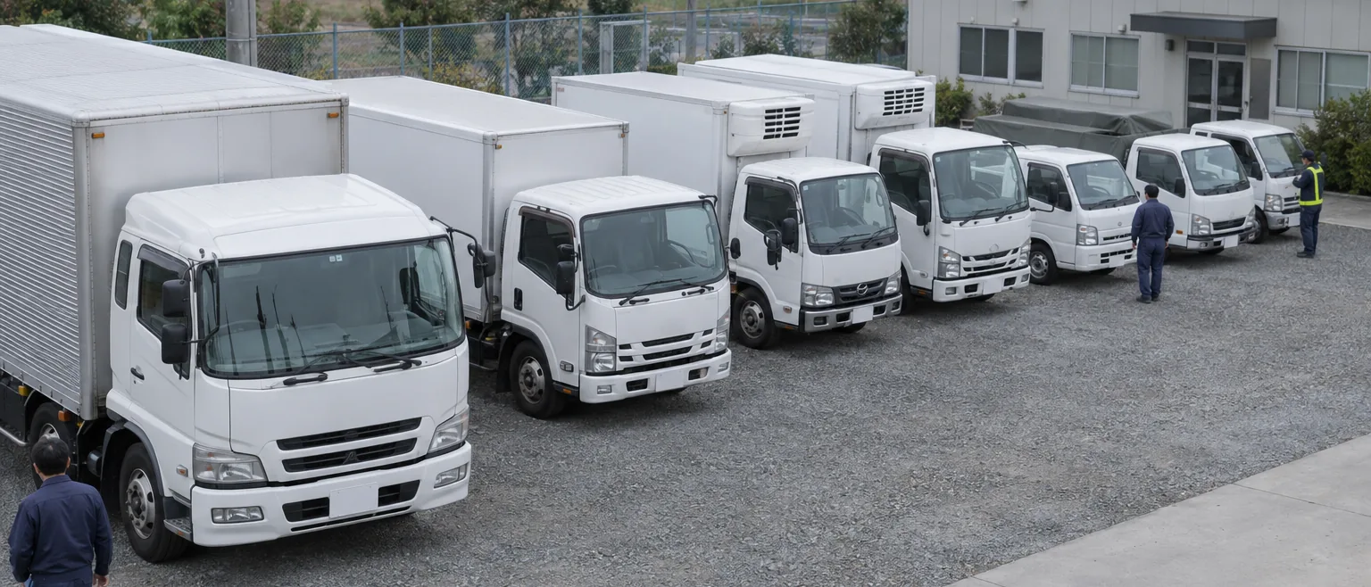 車庫に斜めに並ぶ、大きさの異なる白いトラック8台を高い位置から見た様子