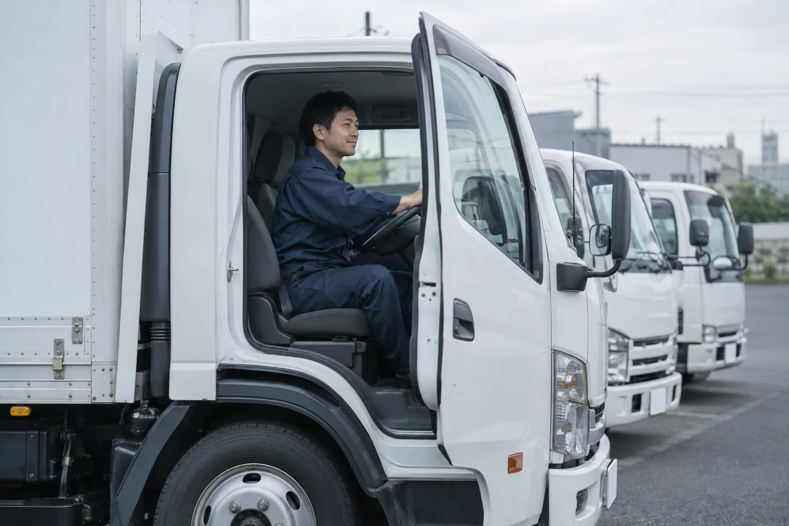 白いトラックの運転席で、前方の道路を見るドライバー