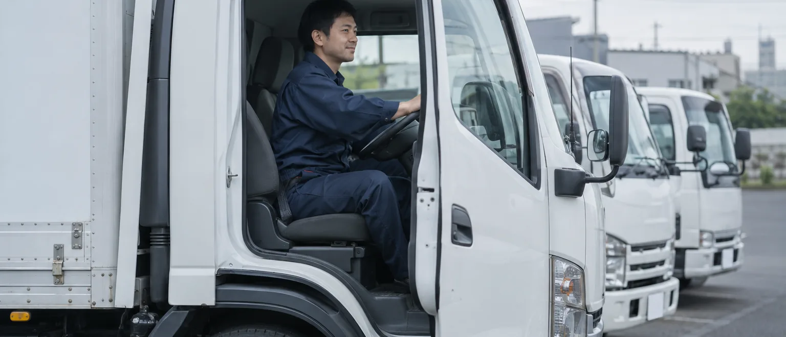 白いトラックの運転席で、前方の道路を見るドライバー