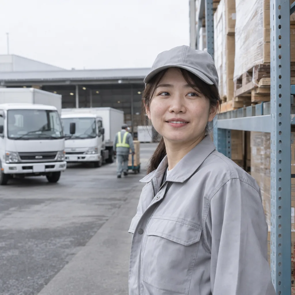 灰色の作業服と帽子で、パレットラックの横に立つ女性