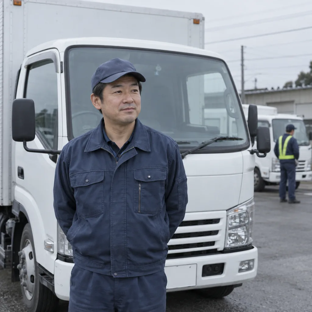 制服と帽子で、白いトラックの前に立つ男性