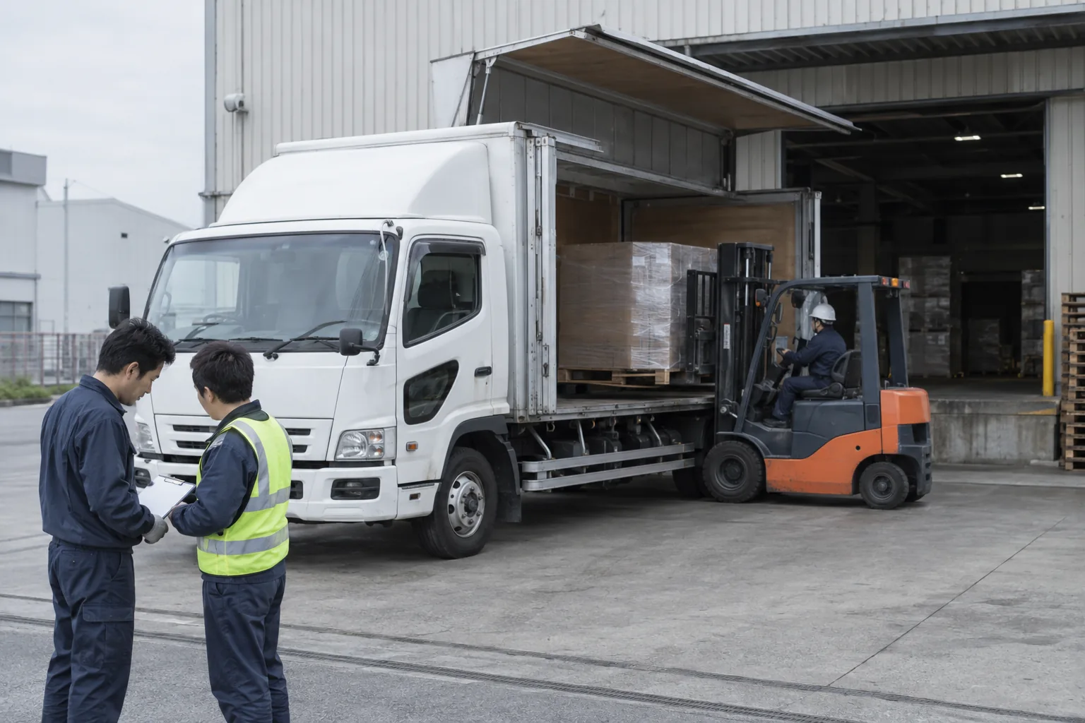 工場の出荷口でパレットを積み込む白いトラック