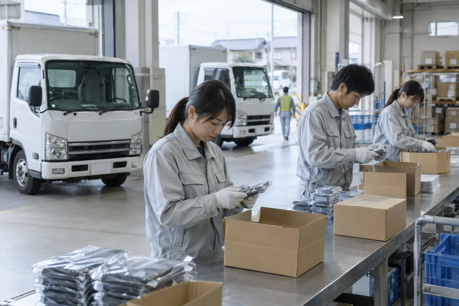 作業台で検品し、箱詰めする倉庫の作業者