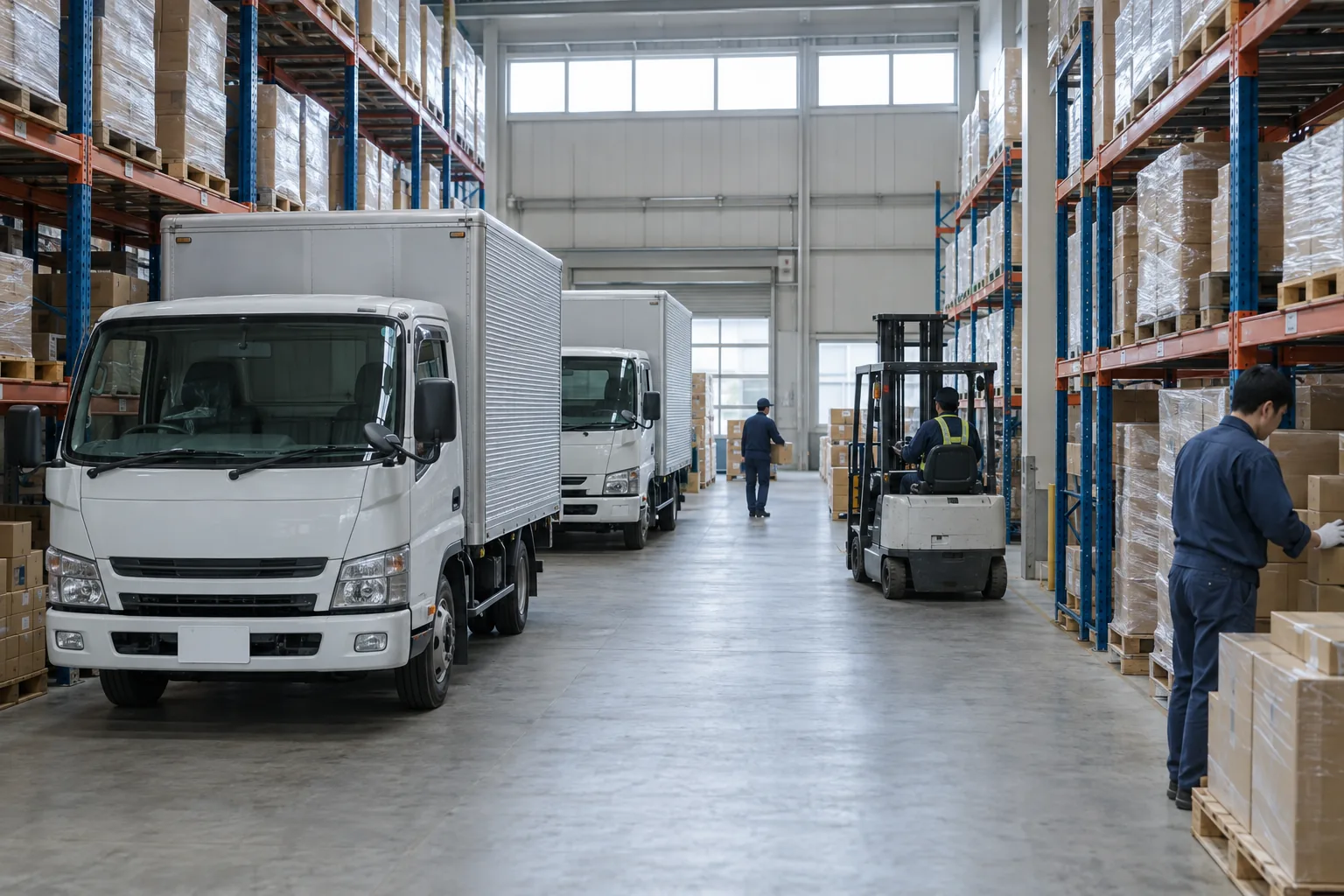 パレットラックが並ぶ倉庫の中央通路