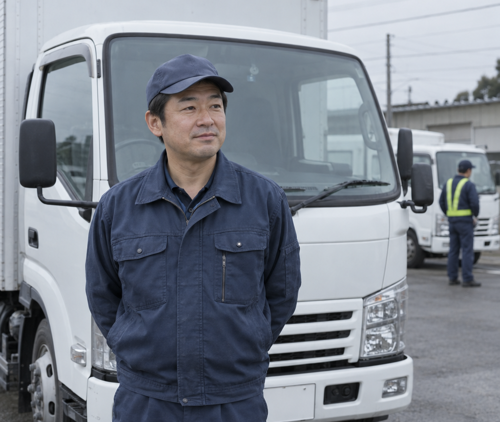 トラックの前に立つドライバー