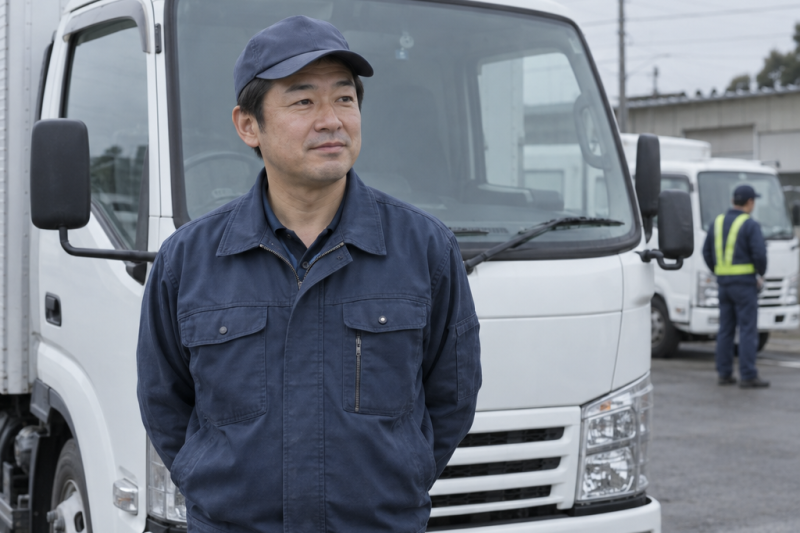 トラックの前に立つドライバー