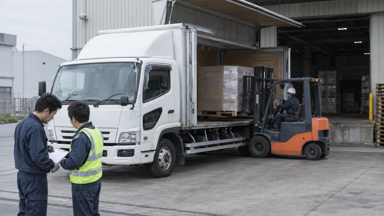 工場の出荷口でパレットを積み込むトラック