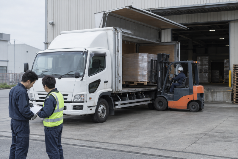 工場の出荷口でパレットを積み込むトラック