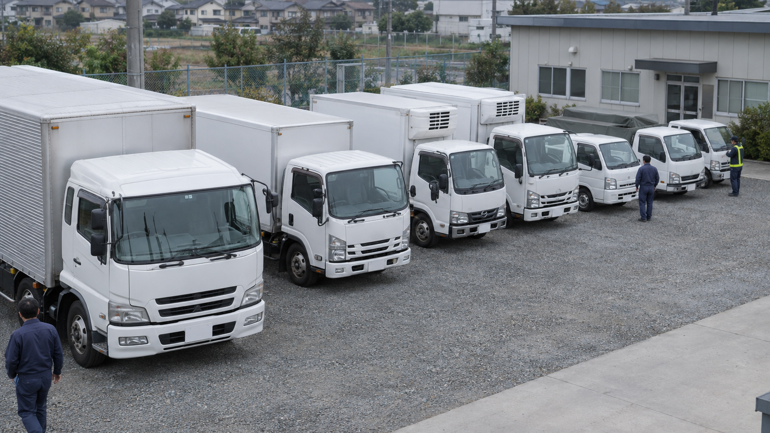 車庫に並ぶ大きさの違う白いトラック
