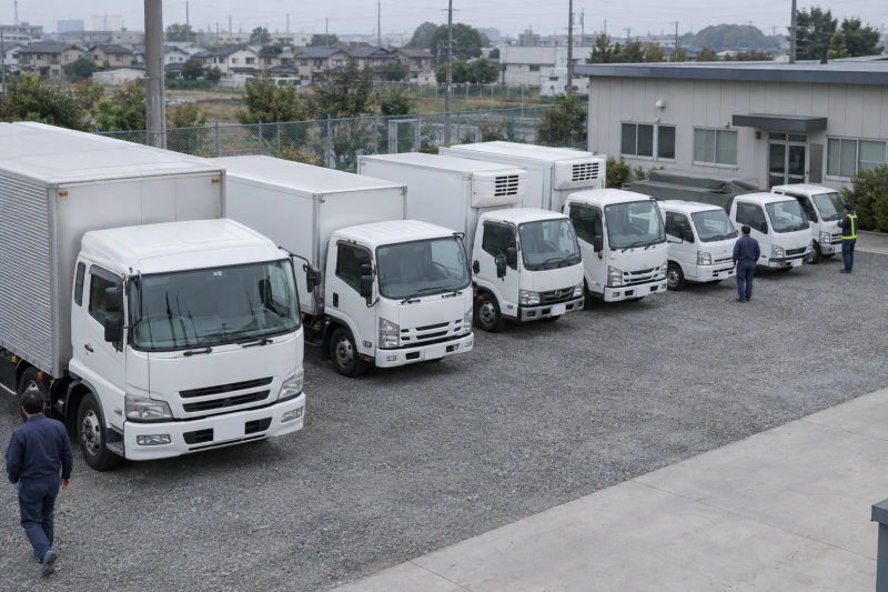 車庫に並ぶ大きさの違う白いトラック