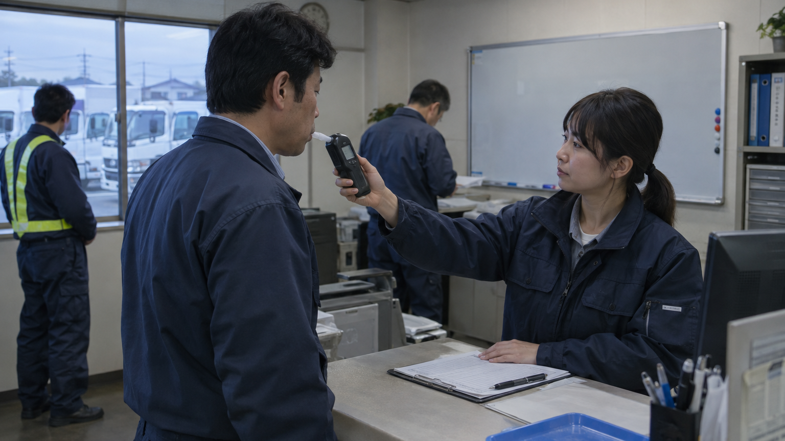 点呼室でアルコールチェックを受けるドライバー