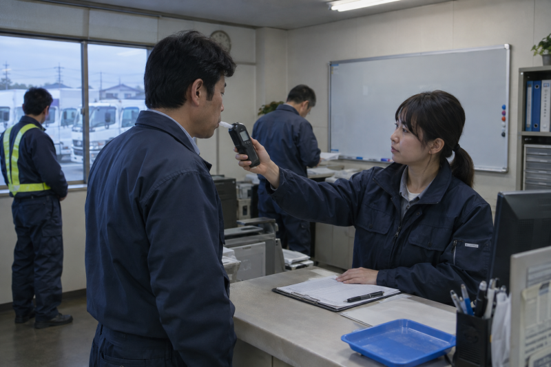 点呼室でアルコールチェックを受けるドライバー